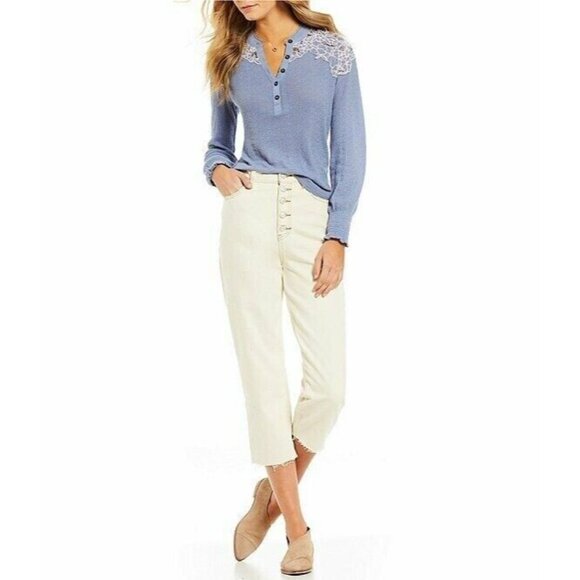 Free People Knit Top Henley - Embroidered Crochet Extra Small  XS New with Tags - Picture 2 of 4